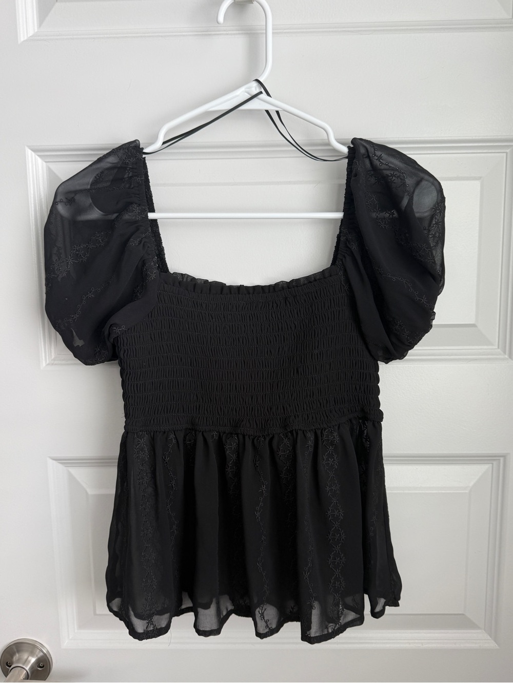 Trixxi Black Lace Blouse Medium Puff Sleeve Smocked Sheer Embroidered Boho Goth